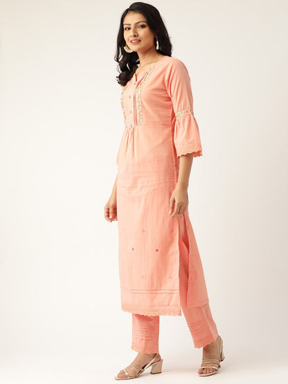 Women's Peach-Coloured Embroidered Kurta With Palazzos & Dupatta