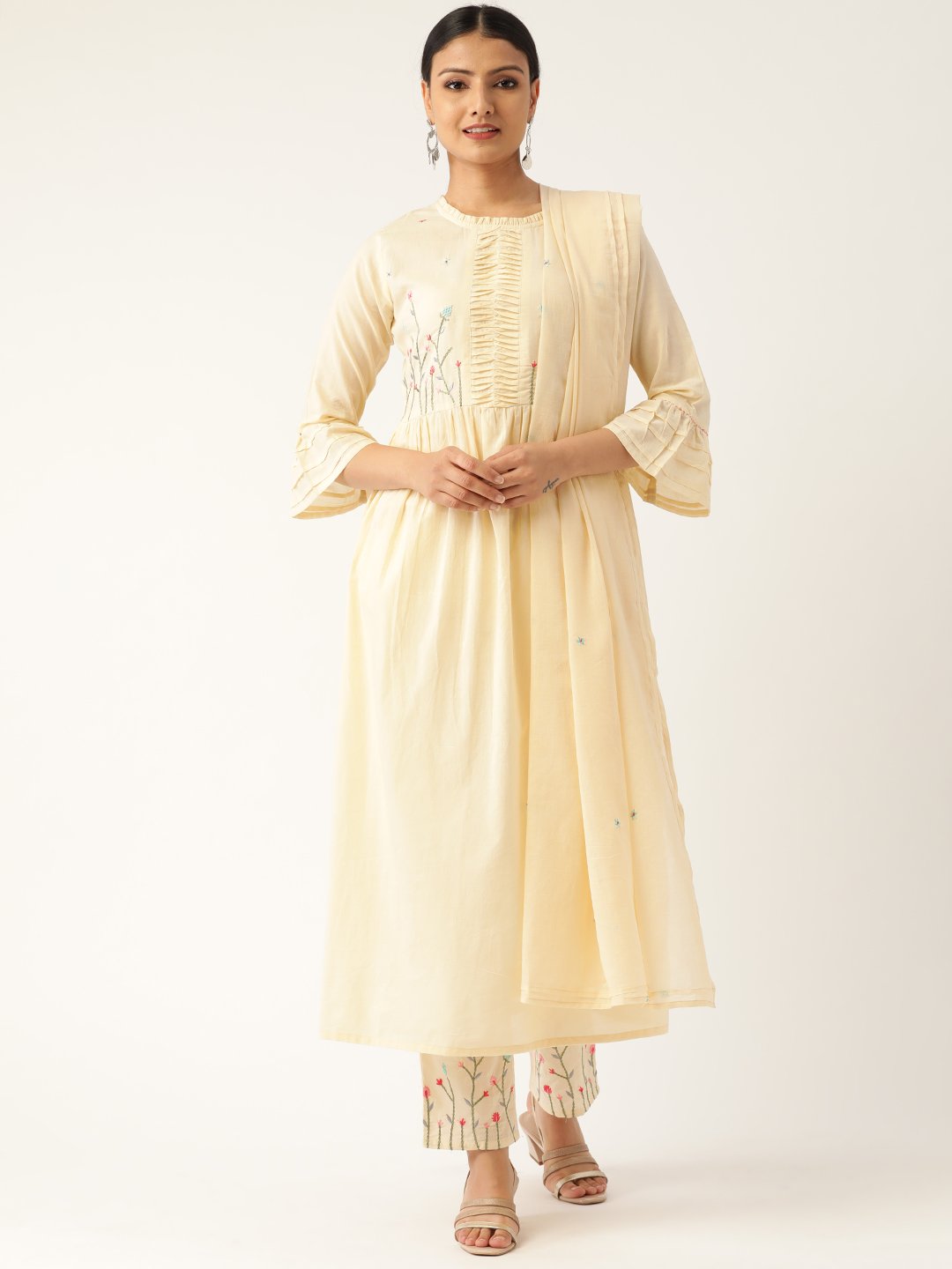 Women's Cream-Coloured Yoke Design Kurta With Palazzos & Dupatta