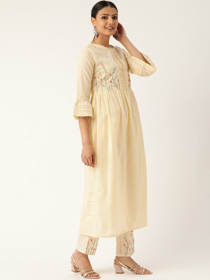 Women's Cream-Coloured Yoke Design Kurta With Palazzos & Dupatta