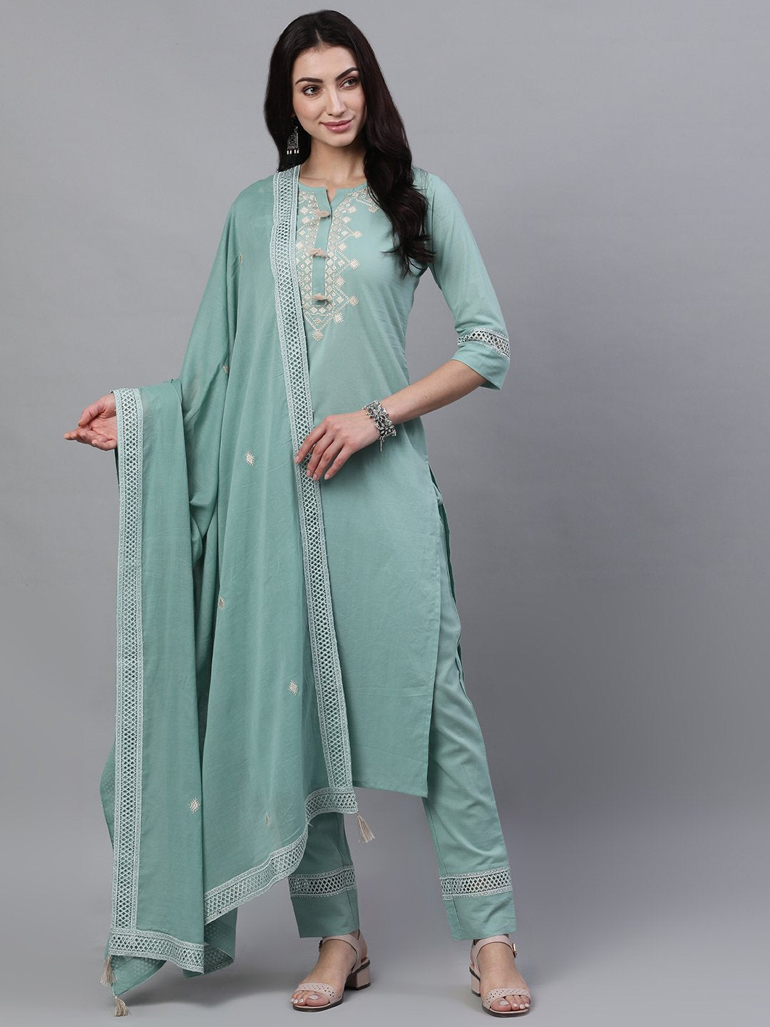 Women's Sage Green Three-Quarter Sleeves Straight Kurta Palazzo With Dupatta