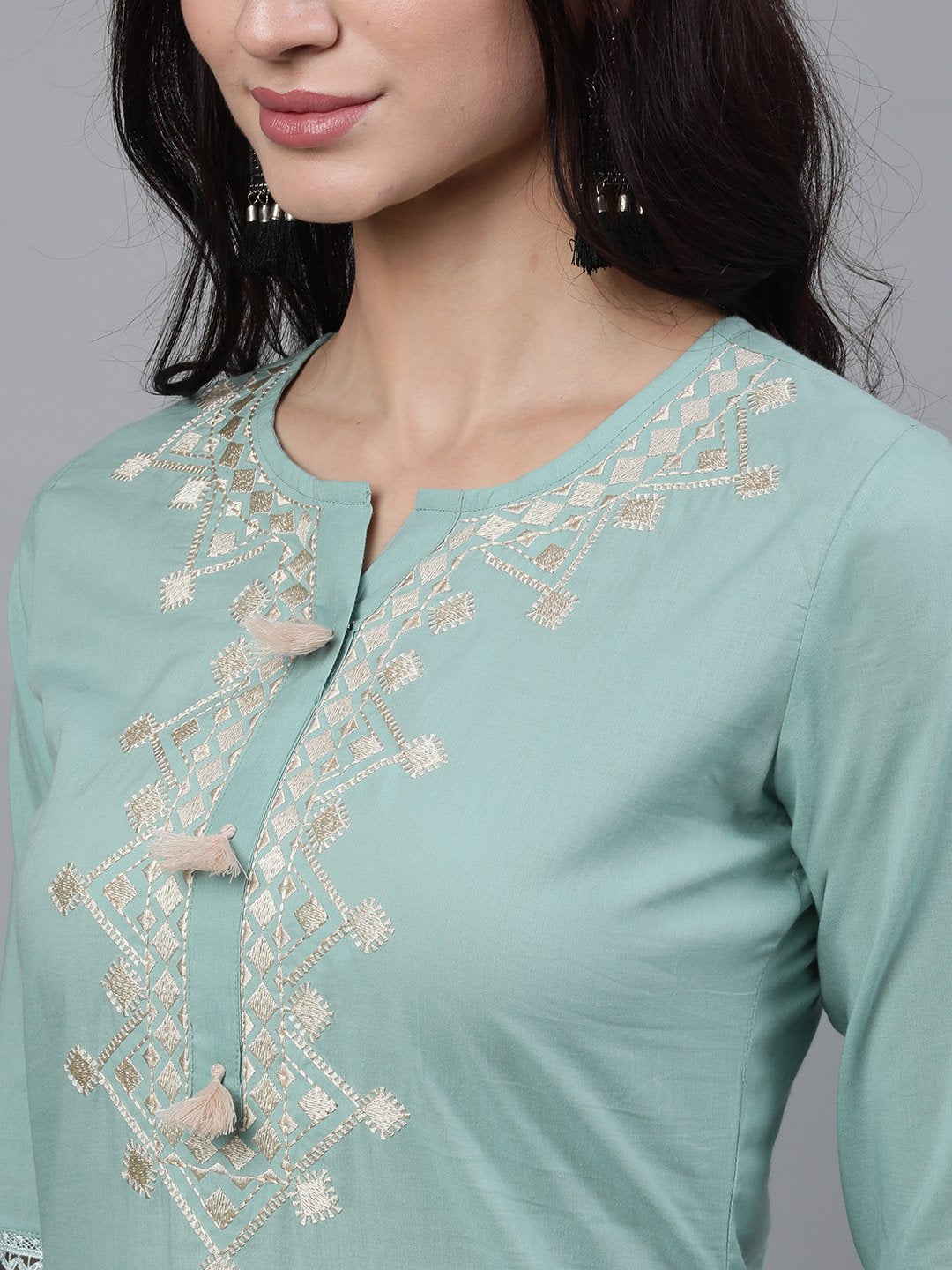 Women's Sage Green Three-Quarter Sleeves Straight Kurta Palazzo With Dupatta