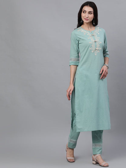 Women's Sage Green Three-Quarter Sleeves Straight Kurta Palazzo With Dupatta