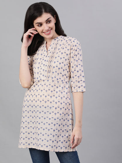 Women's Beige And Blue Pin-Tuck Tunic