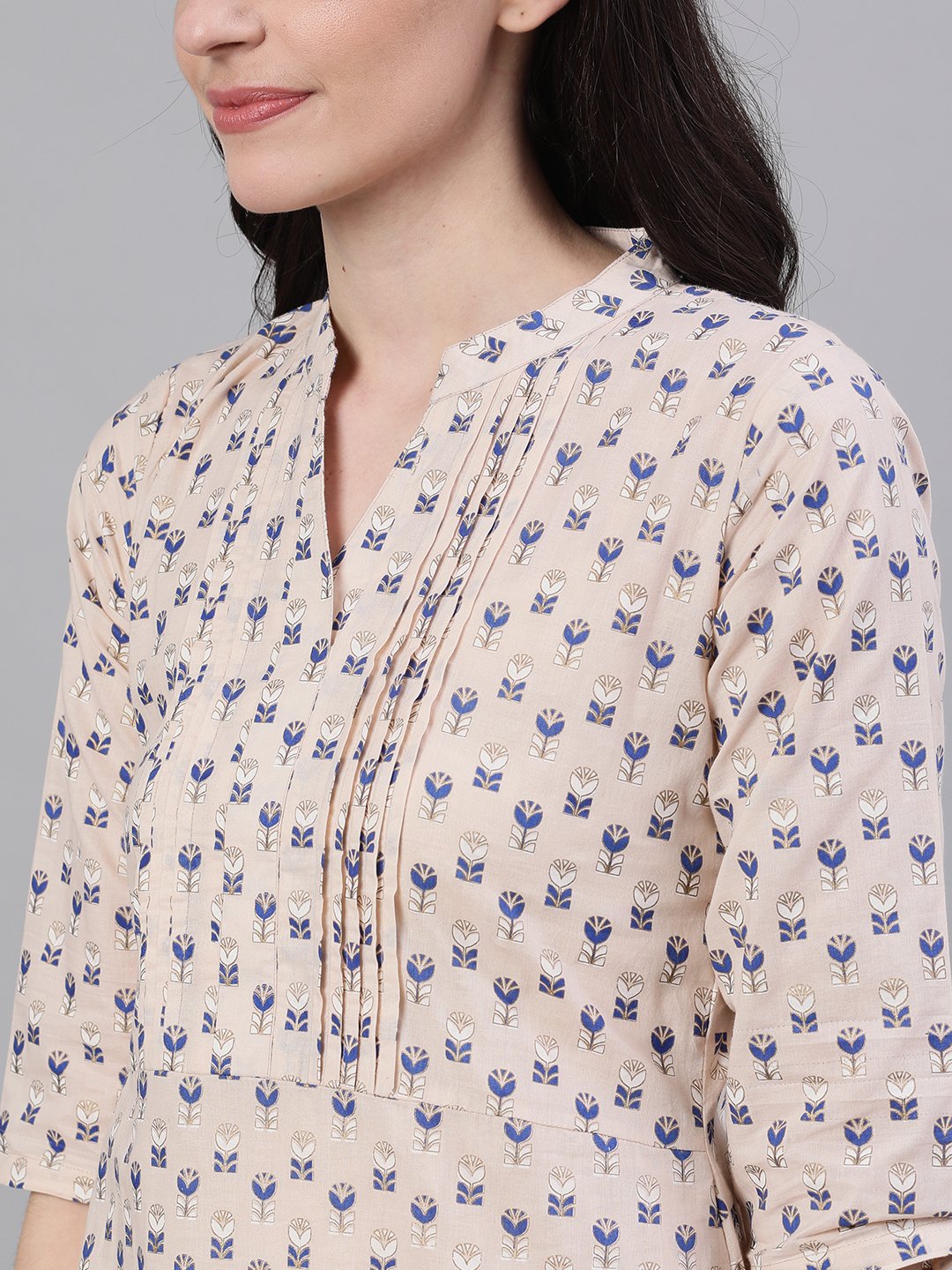 Women's Beige And Blue Pin-Tuck Tunic