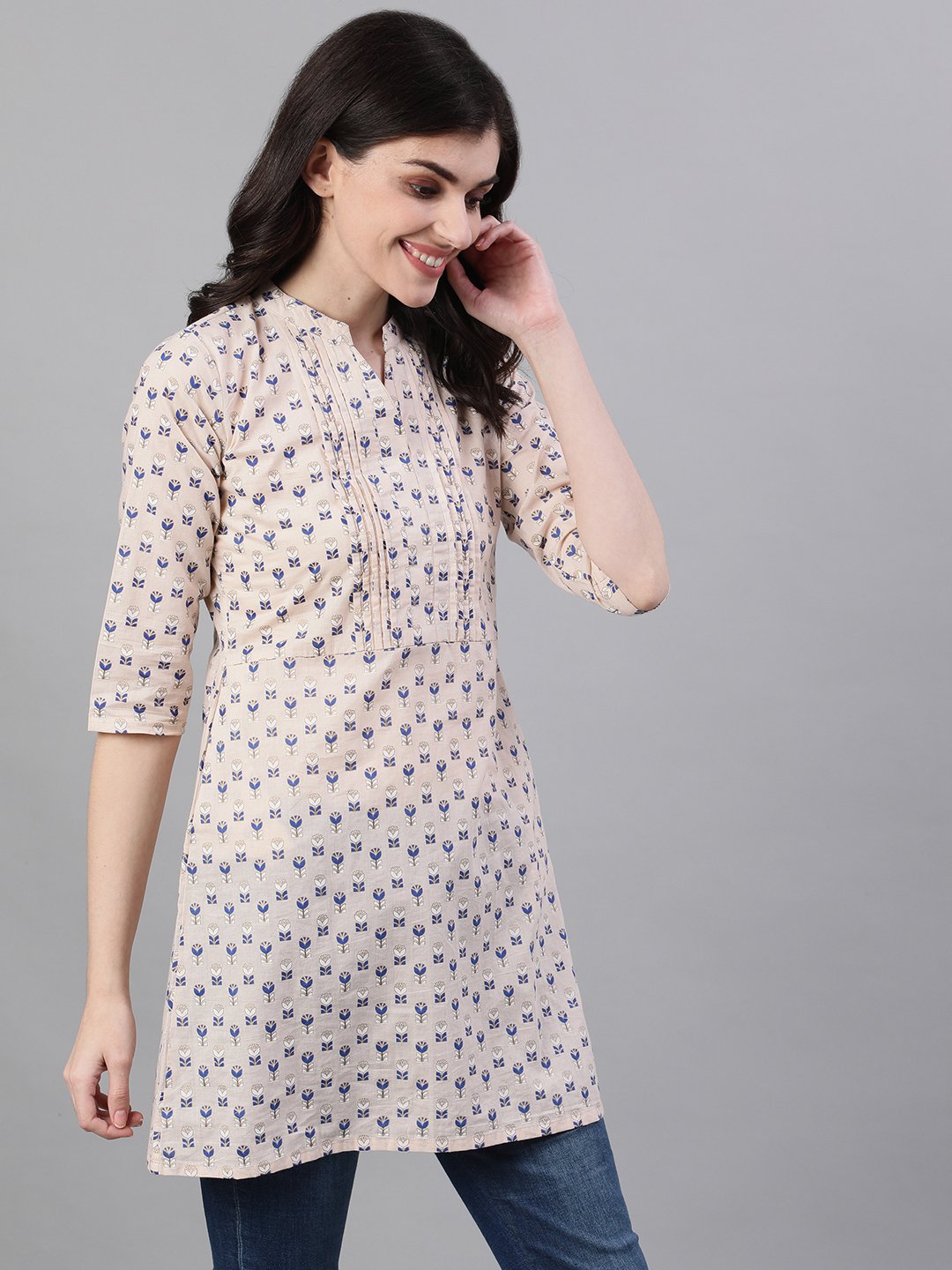 Women's Beige And Blue Pin-Tuck Tunic
