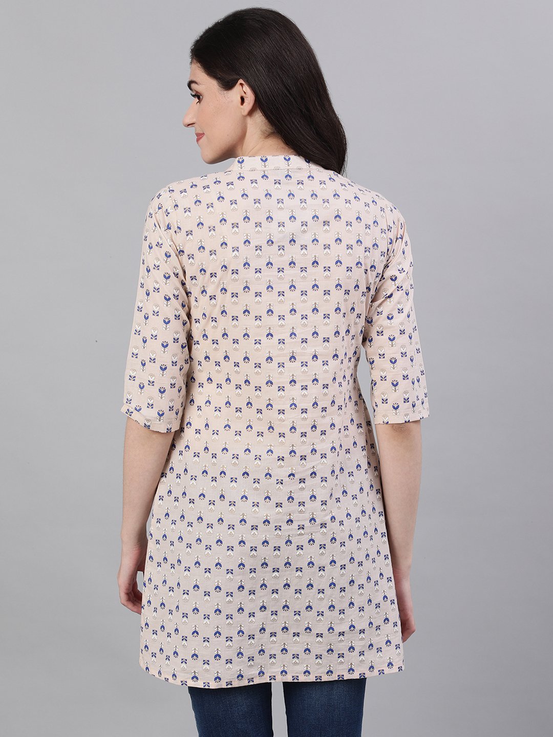 Women's Beige And Blue Pin-Tuck Tunic