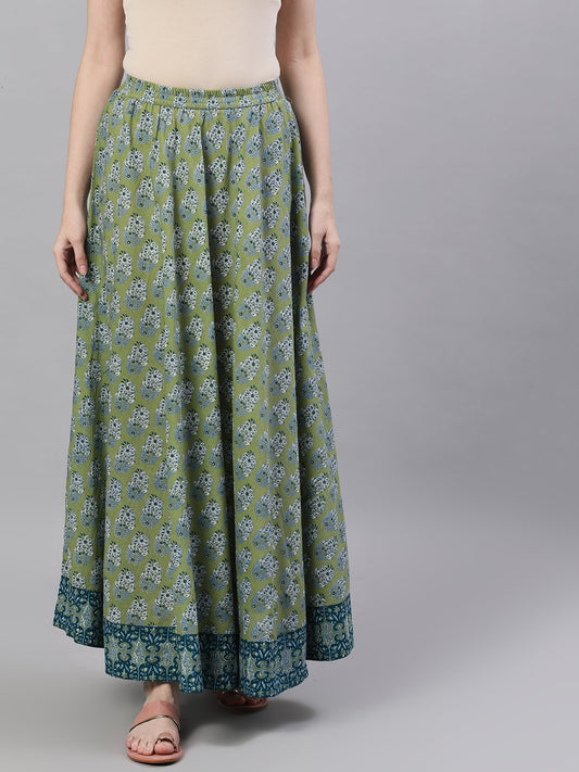 Women's Green Printed Maxi Skirt