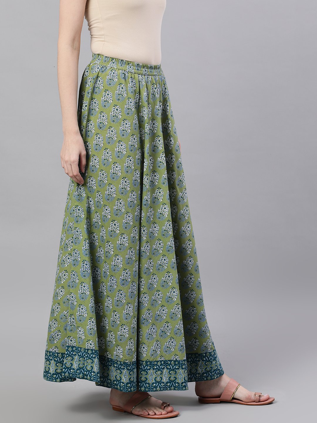 Women's Green Printed Maxi Skirt