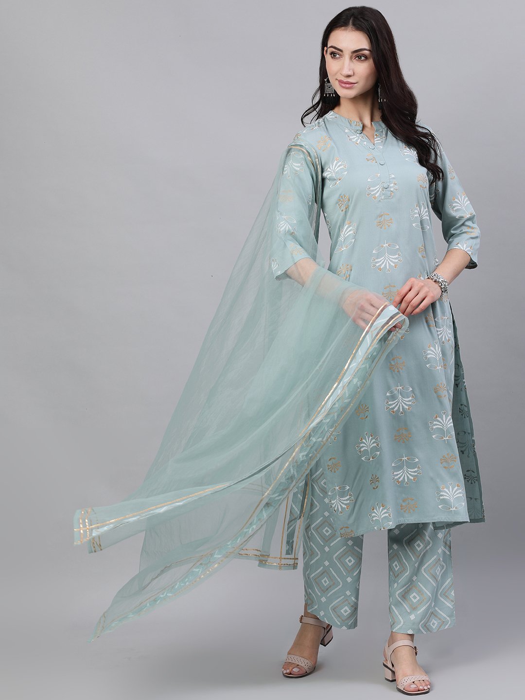 Women's Grey Three-Quarter Sleeves Straight Kurta Palazzo With Dupatta
