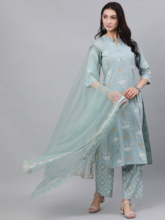 Women's Grey Three-Quarter Sleeves Straight Kurta Palazzo With Dupatta