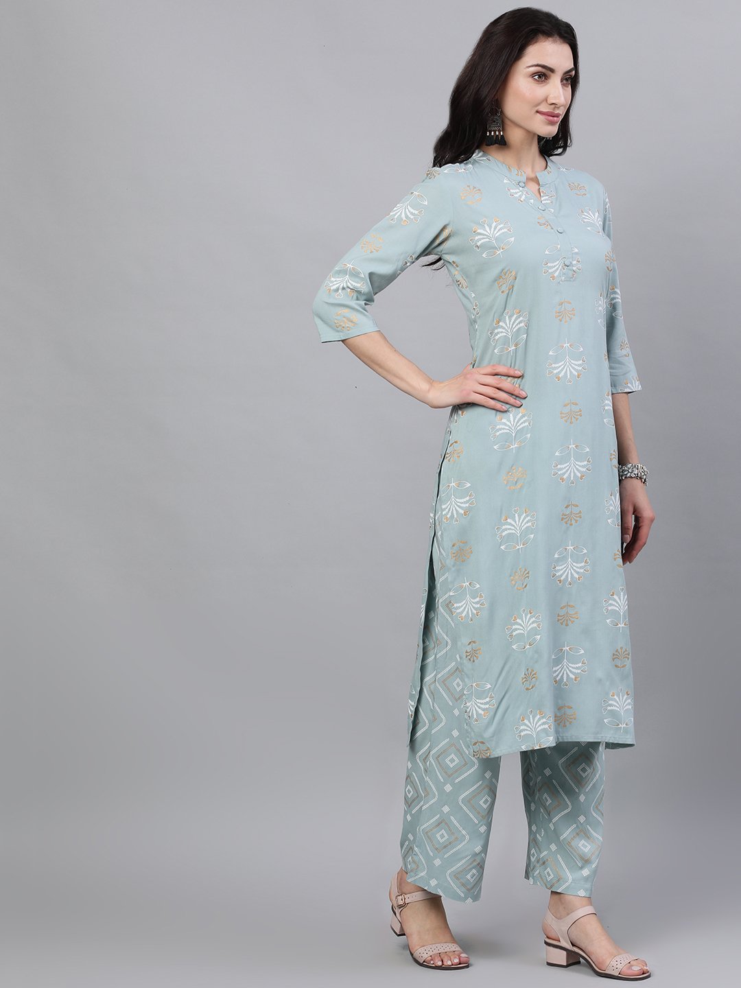 Women's Grey Three-Quarter Sleeves Straight Kurta Palazzo With Dupatta