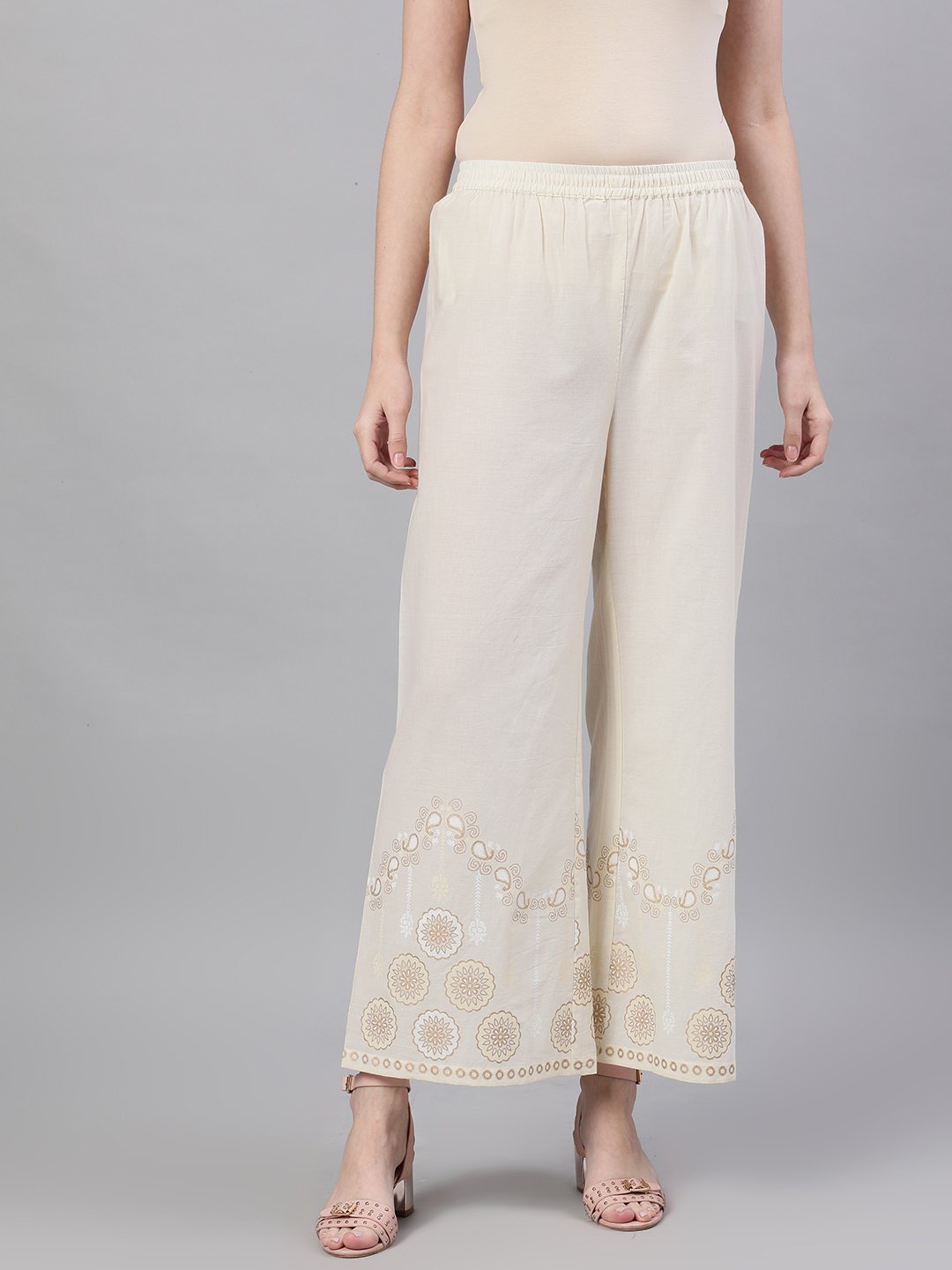 Women's Off White Trouser With Border Print