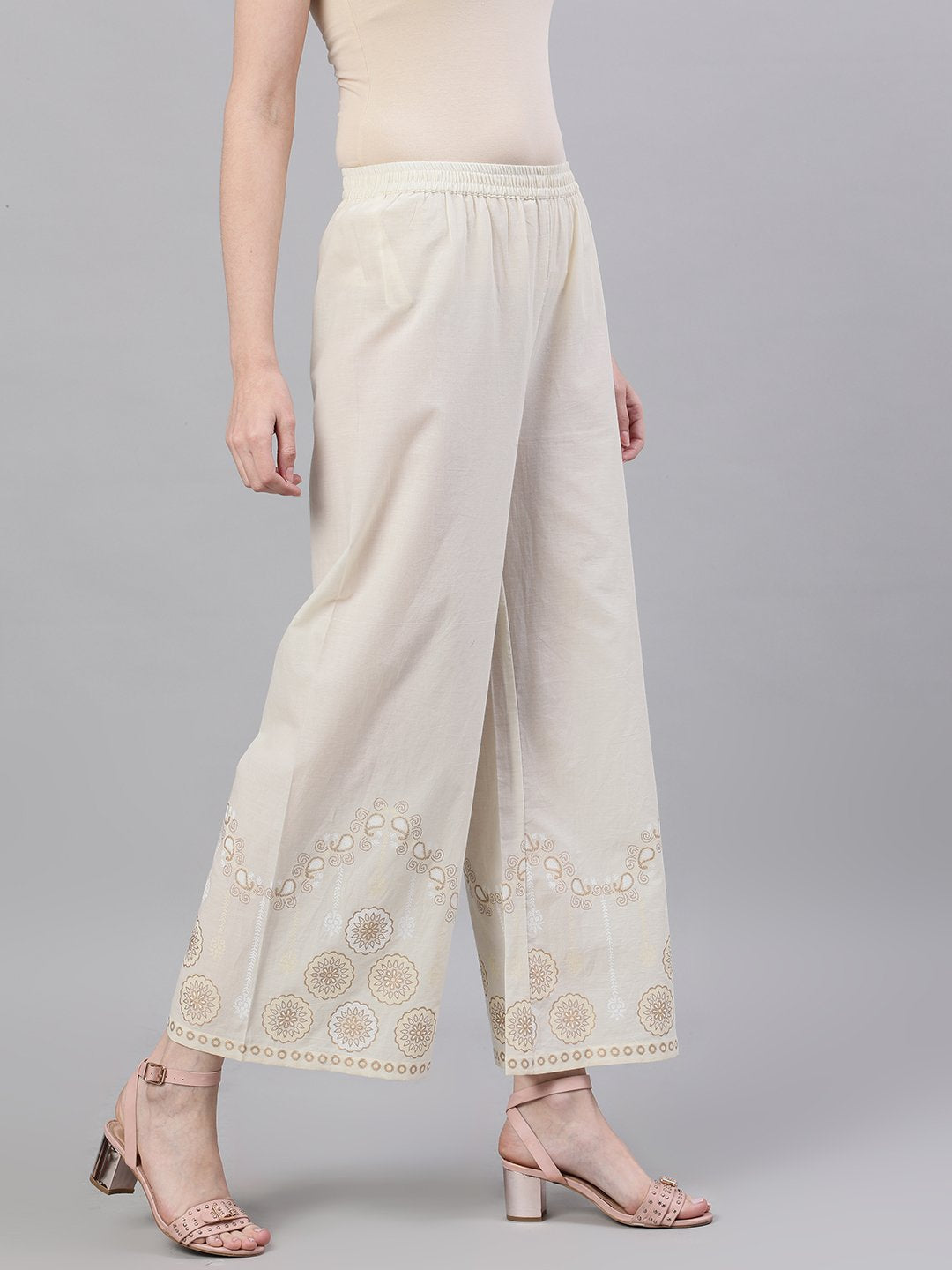 Women's Off White Trouser With Border Print