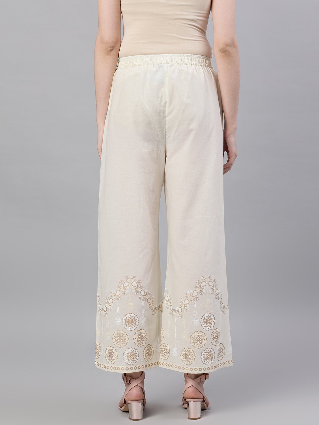 Women's Off White Trouser With Border Print
