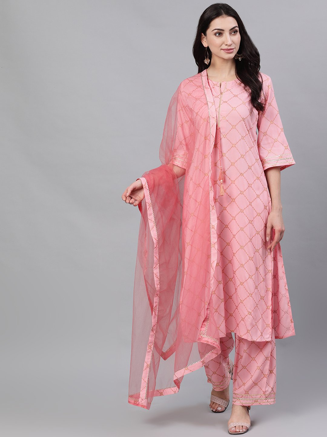 Women's Peach Three-Quarter Sleeves Straight Kurta Palazzo With Dupatta
