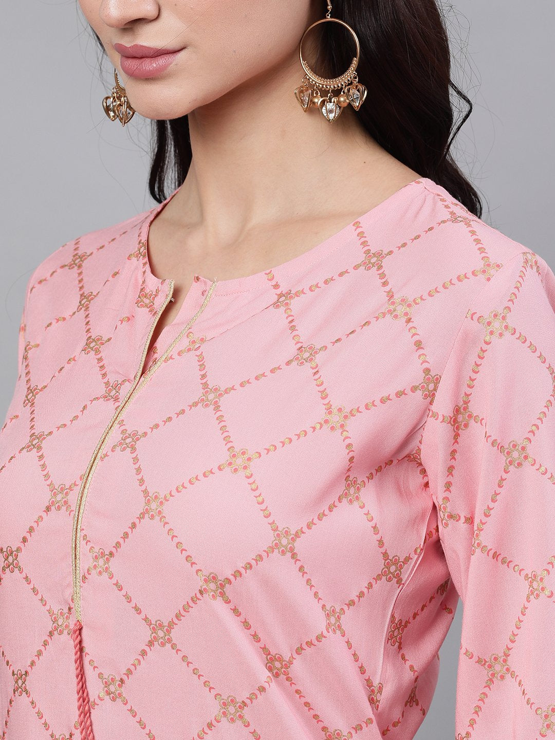 Women's Peach Three-Quarter Sleeves Straight Kurta Palazzo With Dupatta