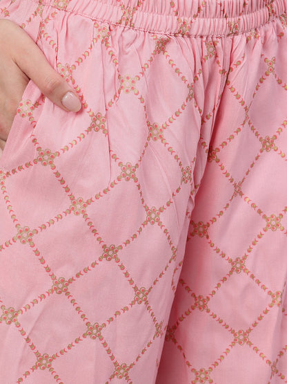 Women's Peach Three-Quarter Sleeves Straight Kurta Palazzo With Dupatta