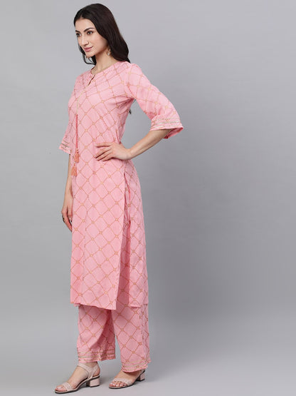 Women's Peach Three-Quarter Sleeves Straight Kurta Palazzo With Dupatta