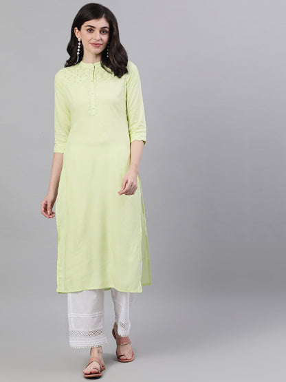 Women's Lime Green Calf Length Three-Quarter Sleeves Straight Solid Solid Viscose Rayon Kurta