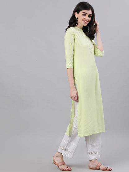 Women's Lime Green Calf Length Three-Quarter Sleeves Straight Solid Solid Viscose Rayon Kurta