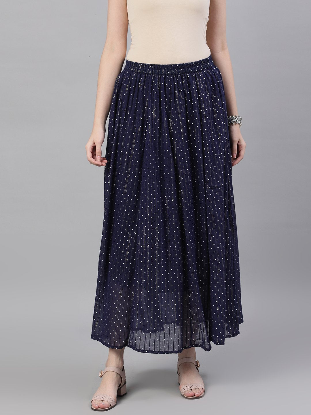 Women's Navy Blue Polka Dot Printed Maxi Skirt