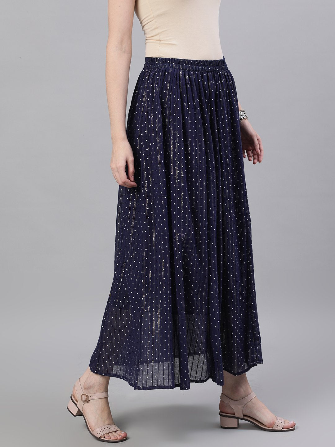 Women's Navy Blue Polka Dot Printed Maxi Skirt