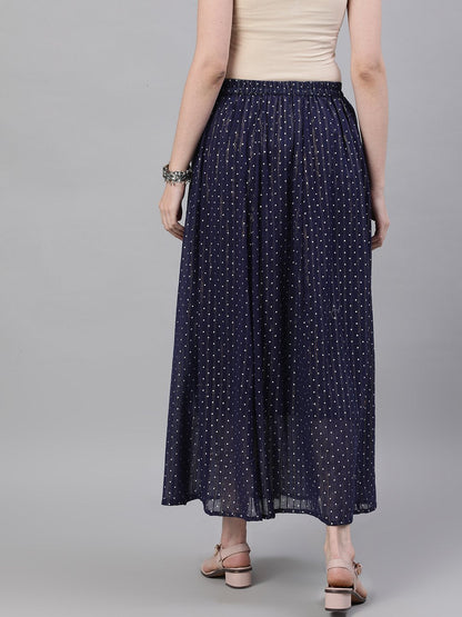 Women's Navy Blue Polka Dot Printed Maxi Skirt