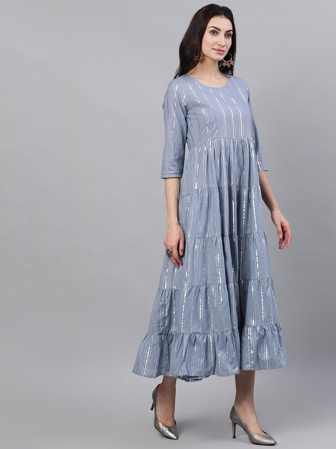 Women's Light Grey Solid Solid Round Neck Cotton Maxi Dress