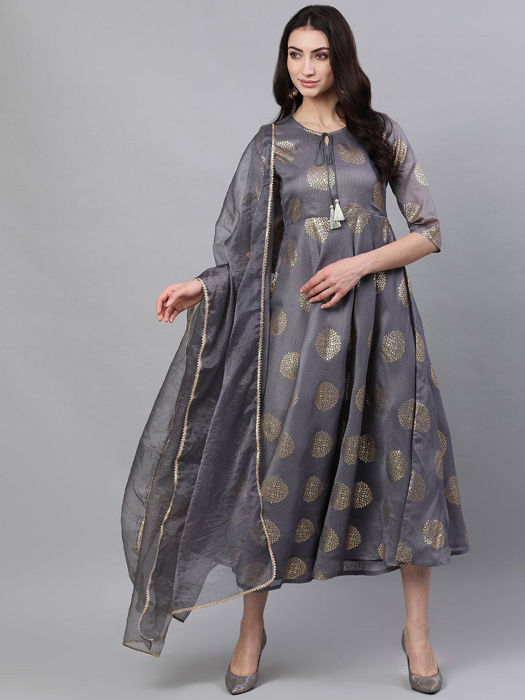 Women's Grey Ethnic Motifs Printed Tie-Up Neck Cotton Maxi Dress With Dupatta