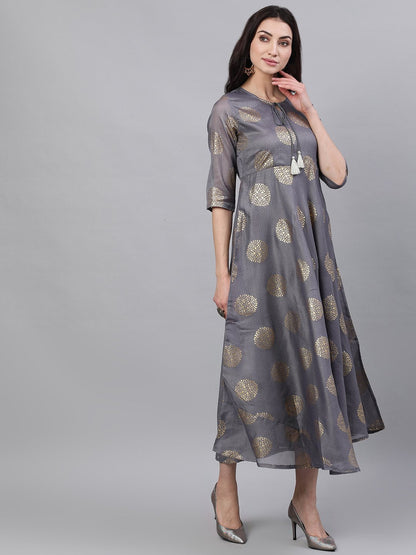 Women's Grey Ethnic Motifs Printed Tie-Up Neck Cotton Maxi Dress With Dupatta