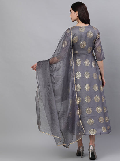 Women's Grey Ethnic Motifs Printed Tie-Up Neck Cotton Maxi Dress With Dupatta