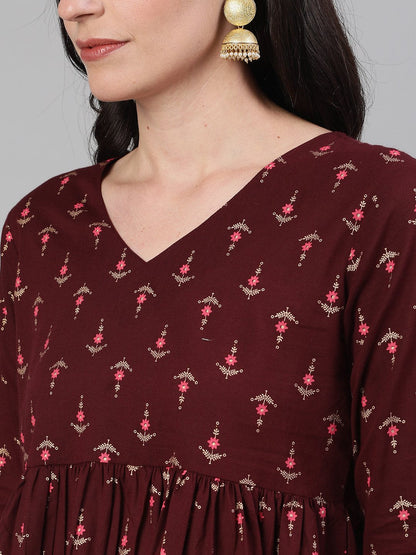 Women's Wine Elbow Sleeves Printed A line Top with Face Mask