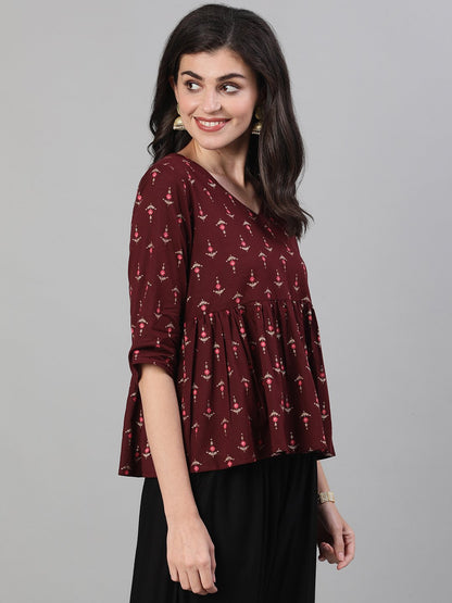 Women's Wine Elbow Sleeves Printed A line Top with Face Mask