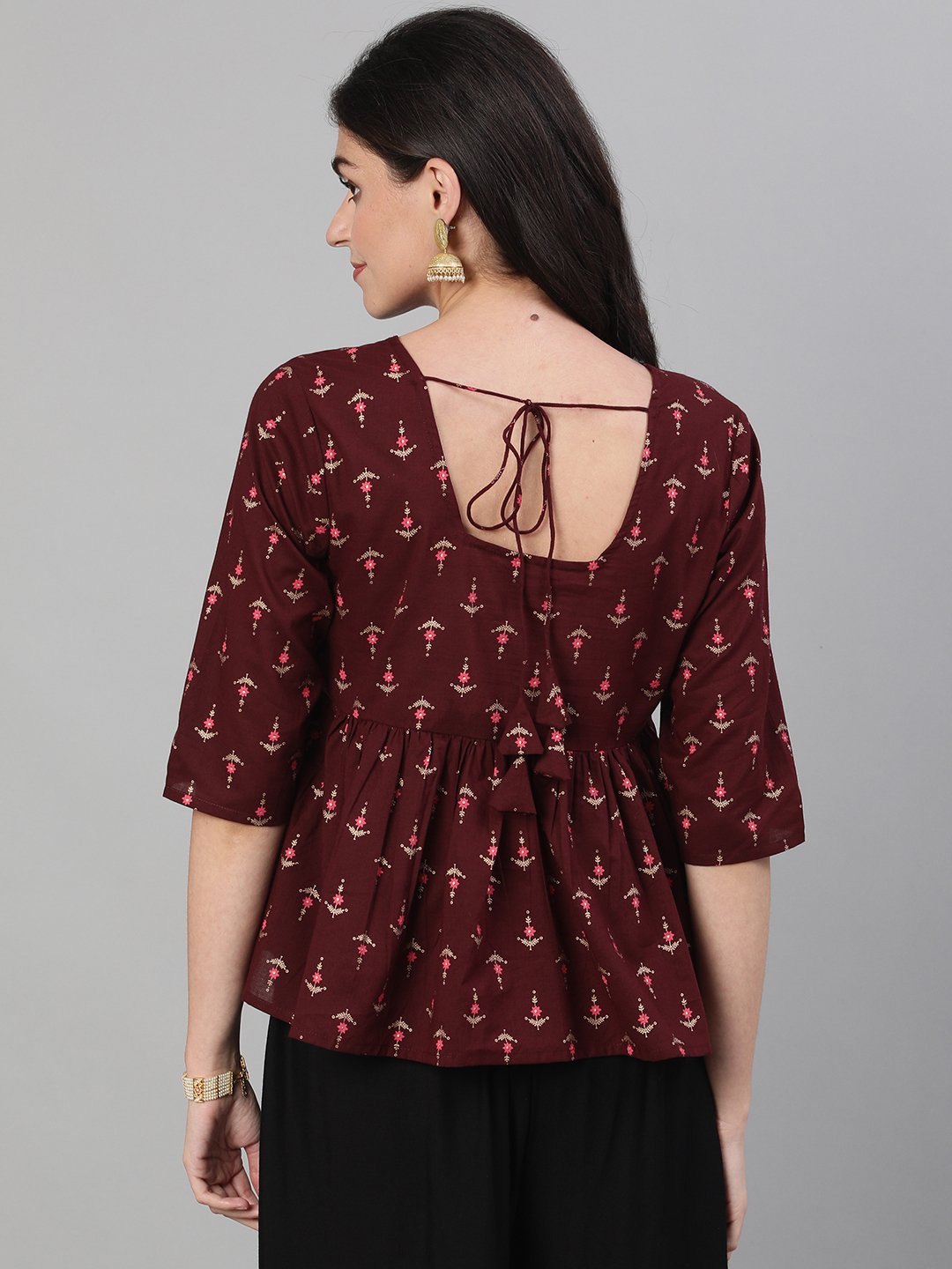 Women's Wine Elbow Sleeves Printed A line Top with Face Mask