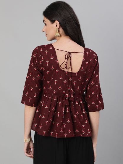 Women's Wine Elbow Sleeves Printed A line Top with Face Mask