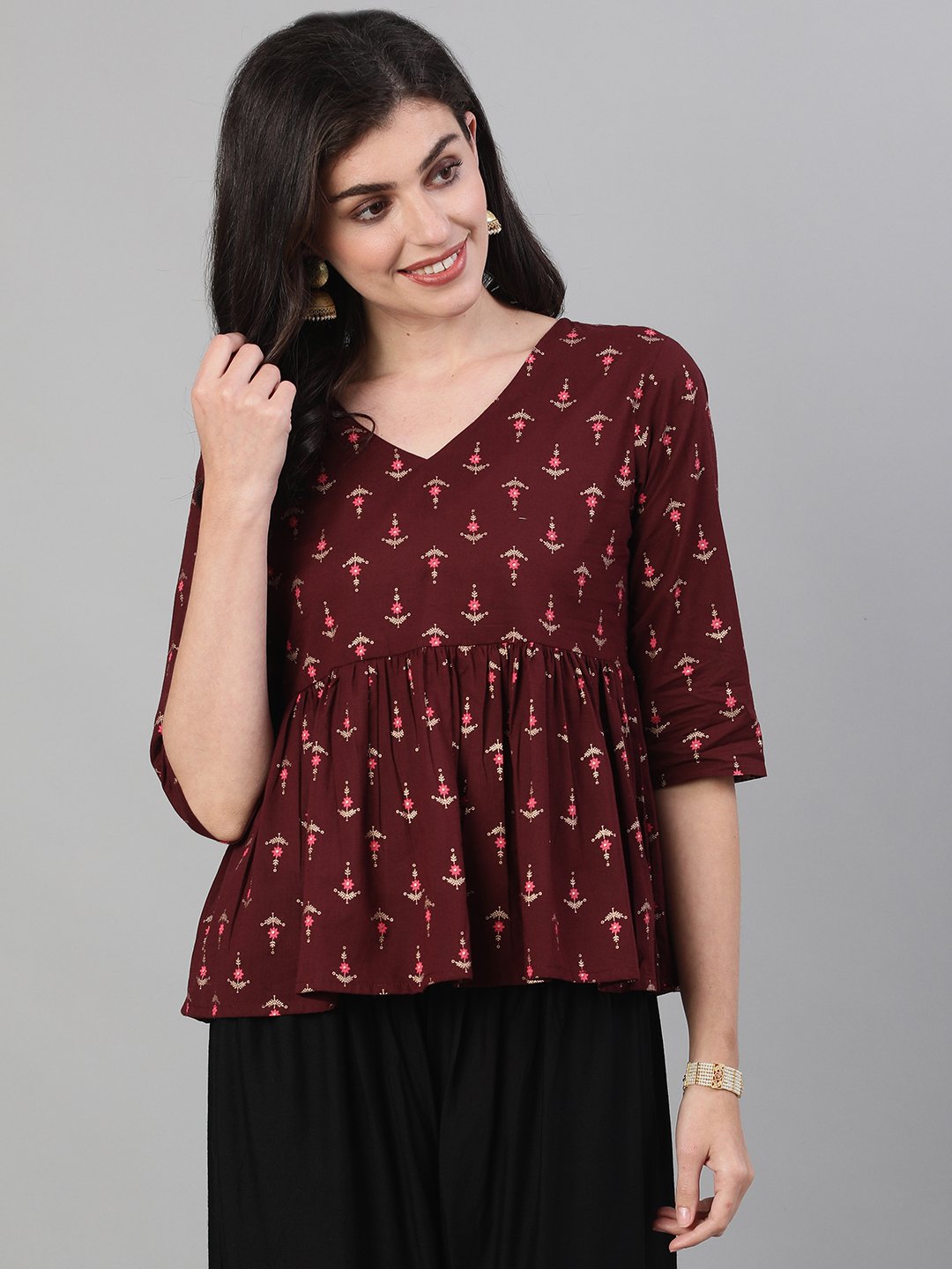 Women's Wine Elbow Sleeves Printed A line Top with Face Mask