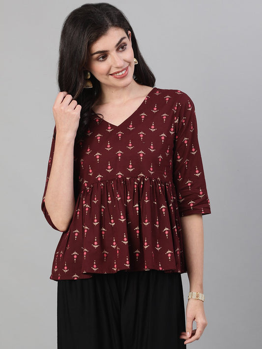 Women's Wine Elbow Sleeves Printed A line Top with Face Mask
