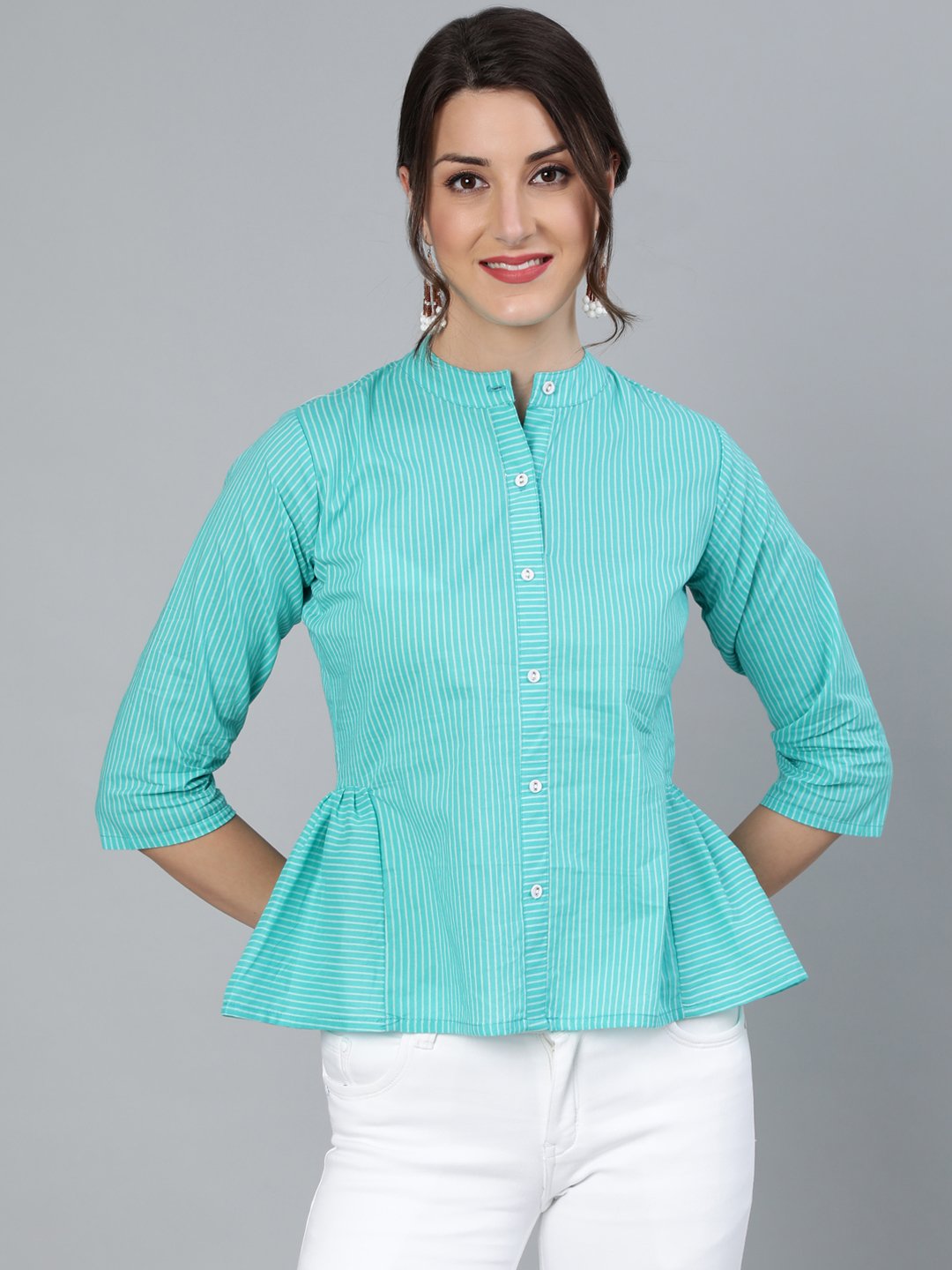 Women's Blue Stripped Top With Round Neck & Three Quarter Sleeves