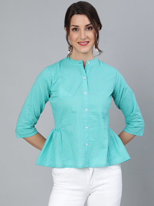 Women's Blue Stripped Top With Round Neck & Three Quarter Sleeves