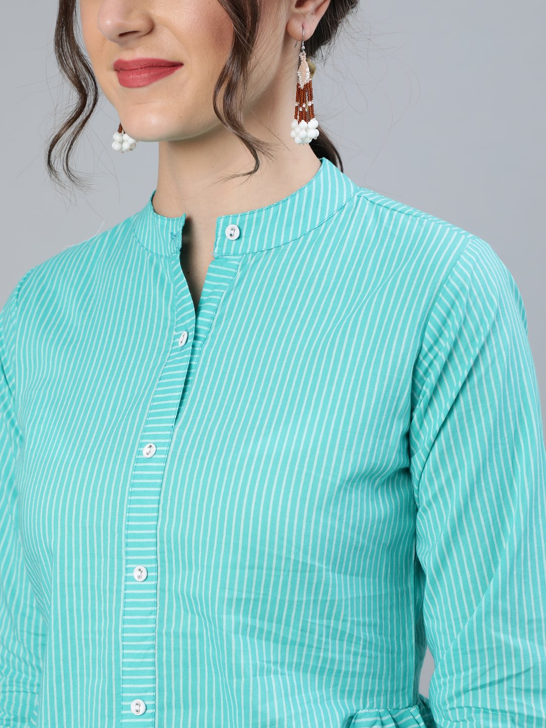 Women's Blue Stripped Top With Round Neck & Three Quarter Sleeves