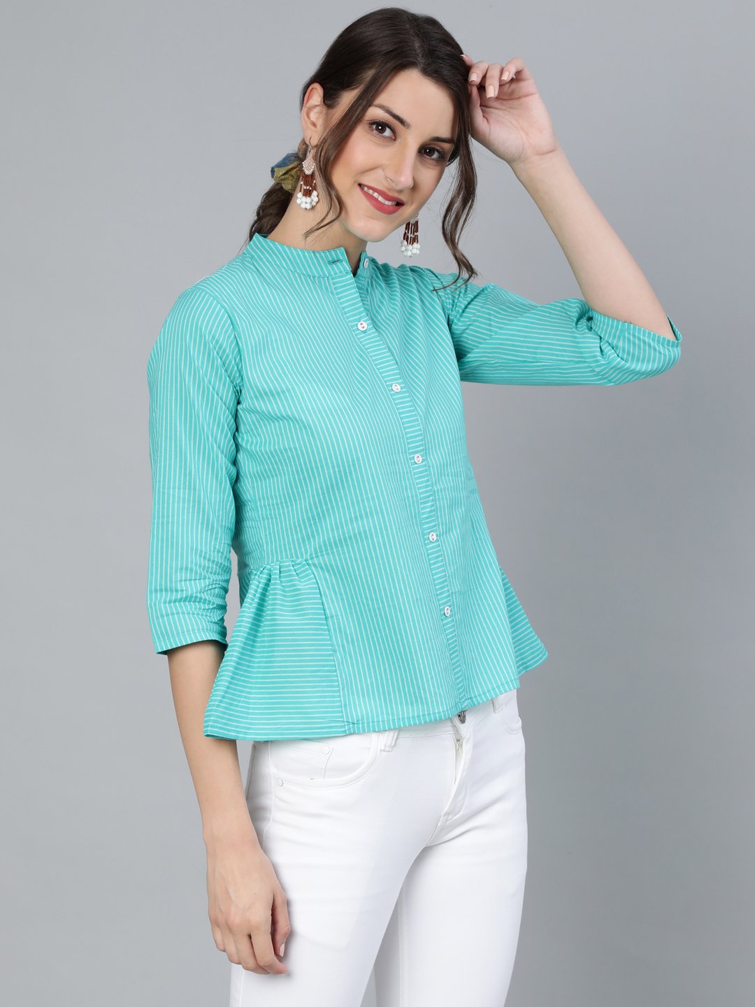 Women's Blue Stripped Top With Round Neck & Three Quarter Sleeves