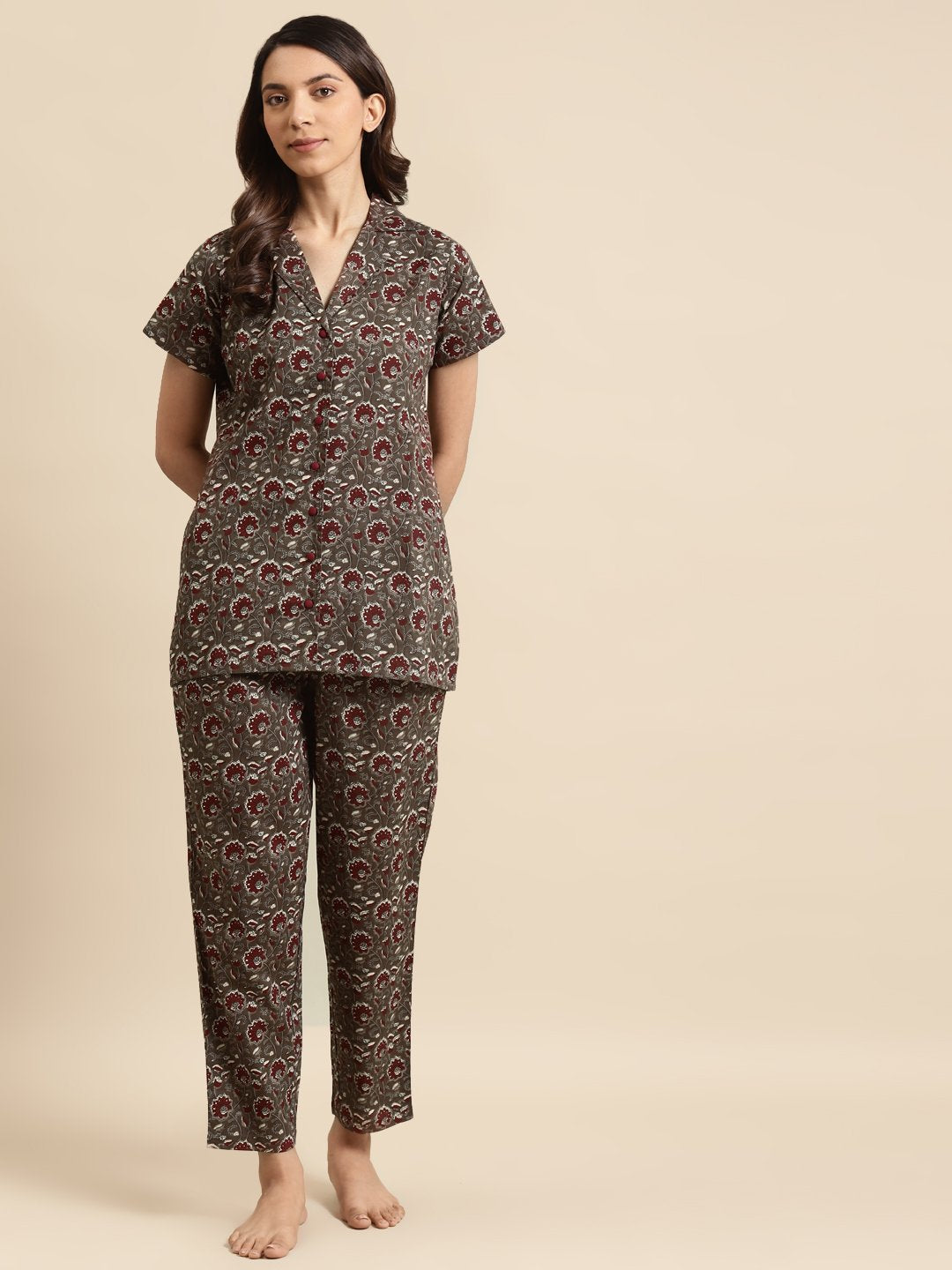 Women's Taupe & Maroon Printed Night Suit