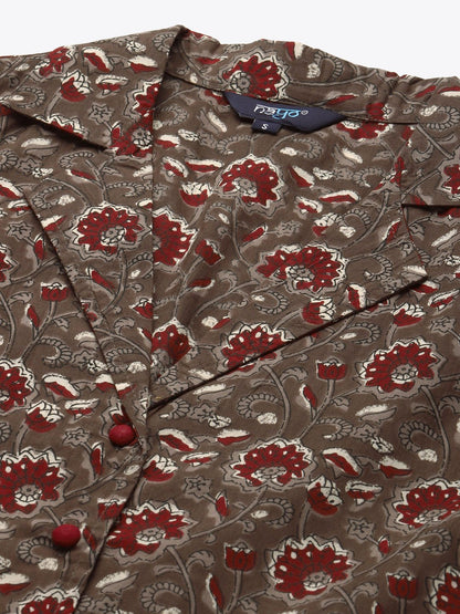Women's Taupe & Maroon Printed Night Suit