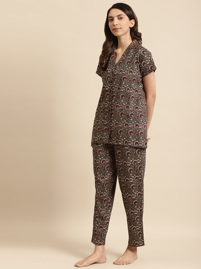 Women's Taupe & Maroon Printed Night Suit