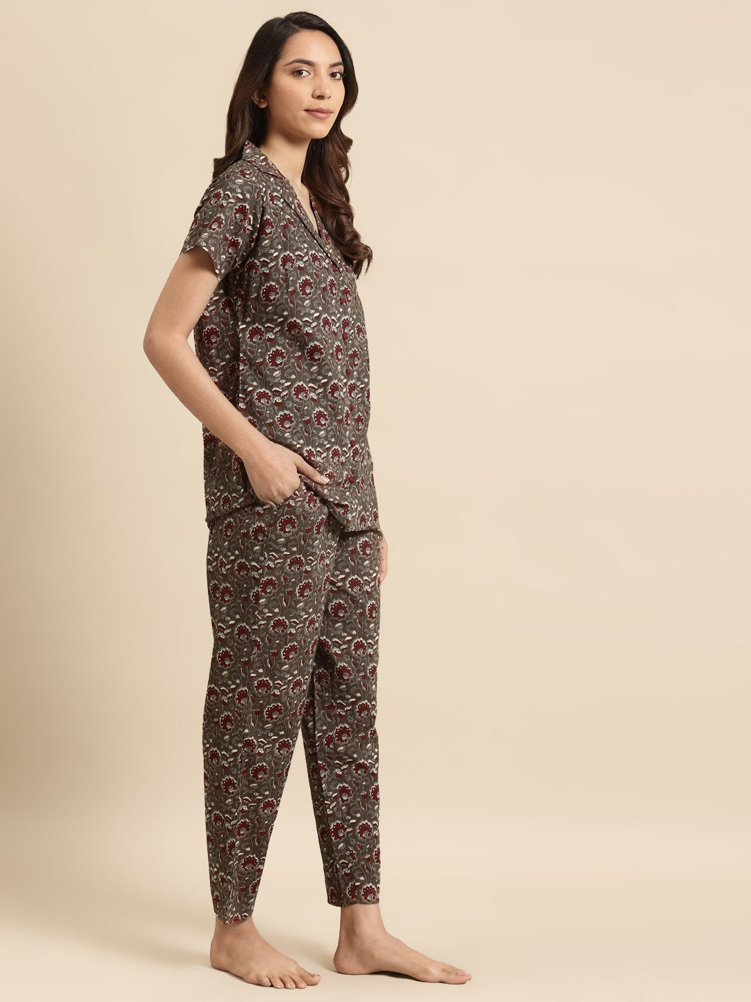 Women's Taupe & Maroon Printed Night Suit