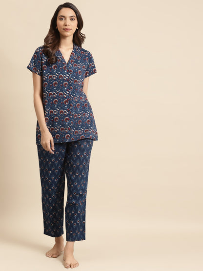 Women's Blue & Maroon Printed Night Suit