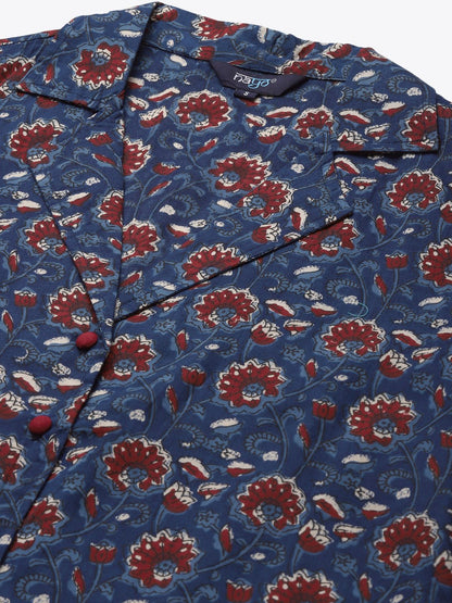Women's Blue & Maroon Printed Night Suit
