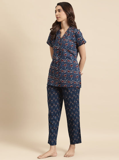 Women's Blue & Maroon Printed Night Suit