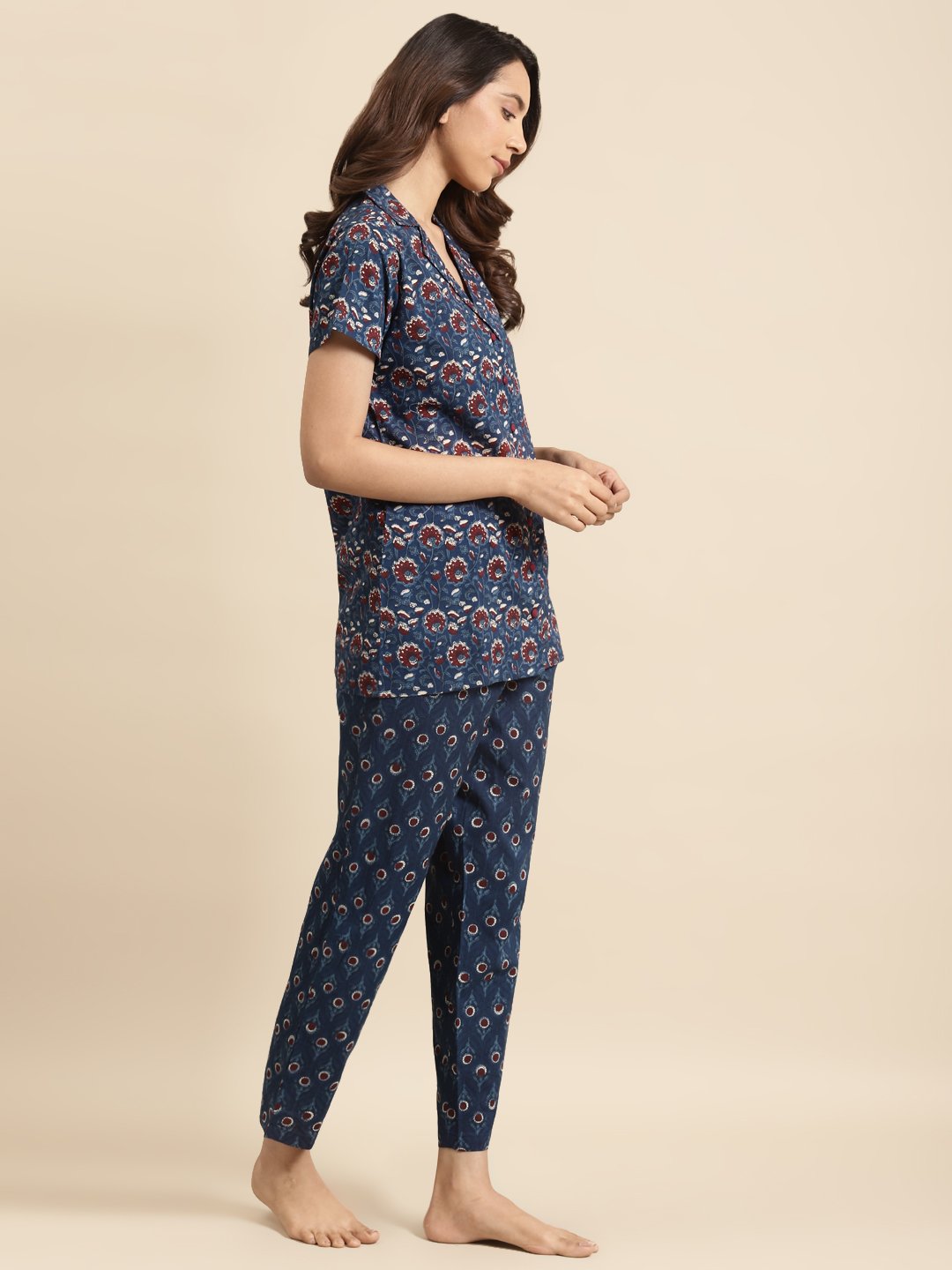 Women's Blue & Maroon Printed Night Suit