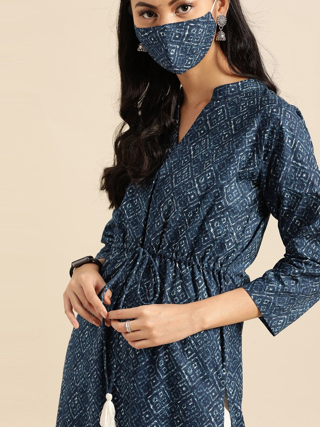 Women's Indigo Three-Quarter Sleeves Straight Kurta With Cream Palazzo